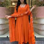 Floral Yoke Design Pleated Thread work Kurta with Trouser and Dupatta