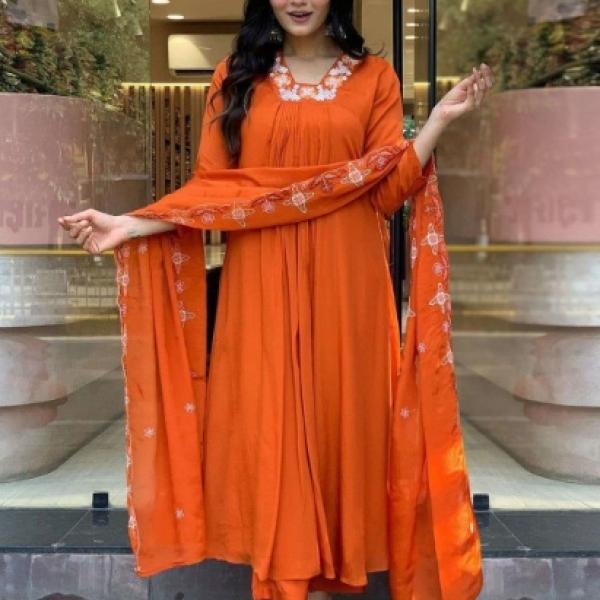 Floral Yoke Design Pleated Thread work Kurta with Trouser and Dupatta